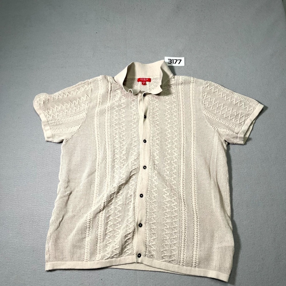 Guess Los Angeles Cardigan Sweater Mens XL Beige Cotton Open Knit Shorts Sleeve